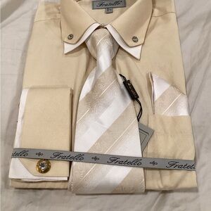 Fratello Men's Cream Dress Shirt and Tie Set NIB
